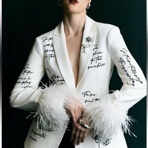 New Cinq a Sept Love Letter Cheyenne Blazer Ostrich Feather Cuffs White Sz 4